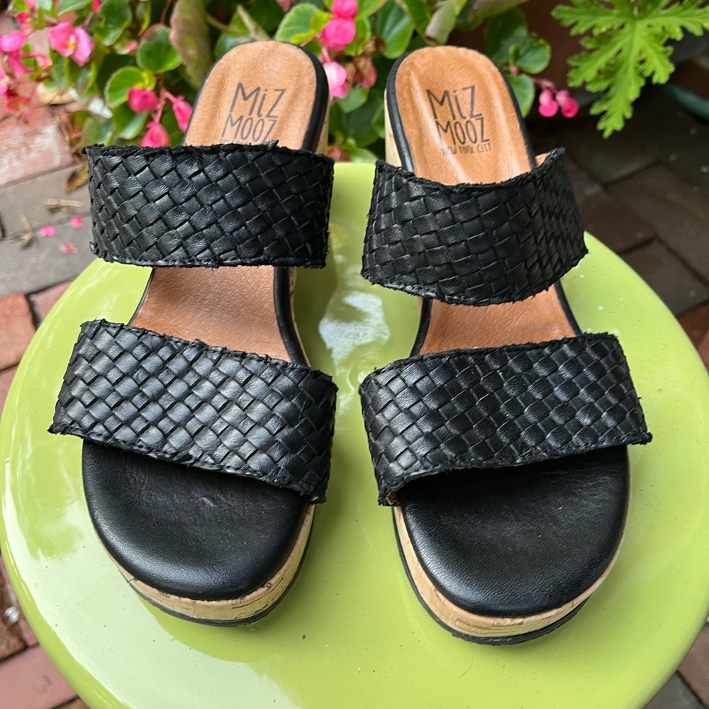 Miz Mooz Black Leather Mules with Woven Design